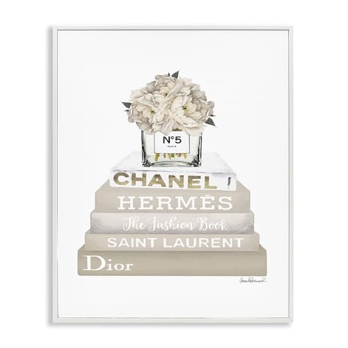 Image of 'Beige High Fashion Bookstack'| Framed Giclee Art | Stupell Industries | White, 16 x 20 Inches, Easy to Hang and Sturdy, Made in USA, by Amanda Greenwood