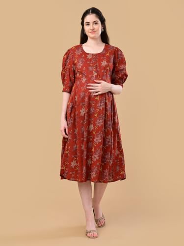 Image of The Mom Store Maternity and Nursing Dress | Pre and Post Pregnancy Dress for Womens | Zipper /Button Opening | Causal Wear | Trendy Stylish Causal Dresses for New Moms