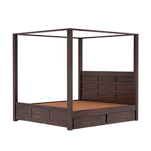 Image of Solid Sheesham Wood Queen Size Poster Bed 4 Drawer Storage for Bed Room Living Room Home Wooden Double Bed Palang Solid Wood Bedroom Furniture for Hotel (Walnut1 Finish)