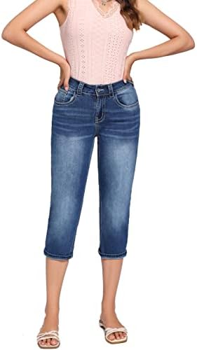 MetHera Women's Mid Rise Slim Fit Skinny Straight Stretch Denim Crop Cropped Capri Jeans (12, Vien)