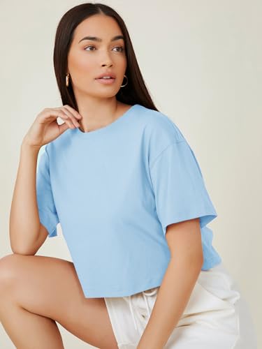 Image of KOTTY Women's Solid Cotton Blend Oversized Crop T-Shirt | Casual Summer Tee