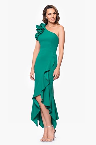 Image of Xscape Women's One Shoulder Asymmetric Ruffle Hem Scuba Crepe Midi Dress