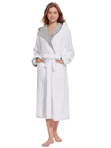 Ymmchy Bademantel mit Kapuze Damen Flauschig Morgenmantel Warm Lang Bademäntel Fleece Saunamantel Weiß L