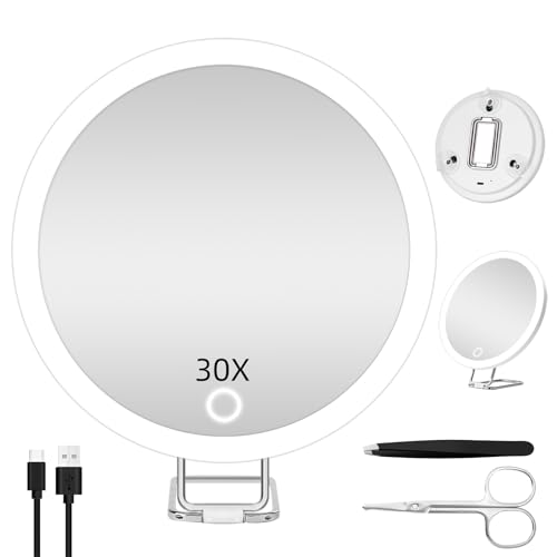 Jadazror Espejo Compacto LED, Espejo de Aumento 30X con luz, Espejo de Viaje de 15cm con Aumento, Espejo de Aumento Iluminado Recargable, Espejo de Maquillaje portátil Regalo