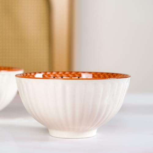Image of Nestasia Ceramic Snack Bowl Set of 4 (300ml Each) - Dishwasher & Microwave Safe Bowl Set for Serving Soup, Rice, Dal, & Salad | Ribbed White Printed Bowls with Glossy Finish - Ideal for Gifting