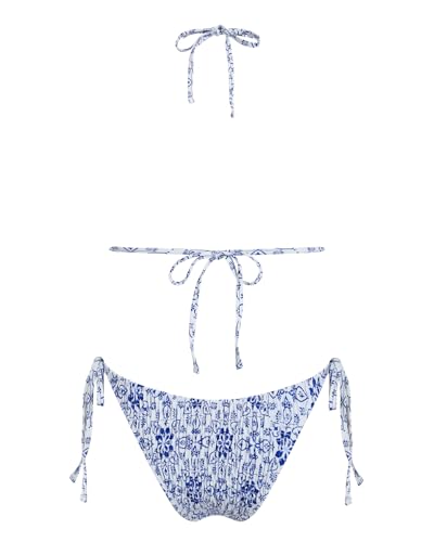 Image of Women's Triangle Bikini Set String Swimsuit Print Tie Smocked Ruched Two Piece Bathing Suit
