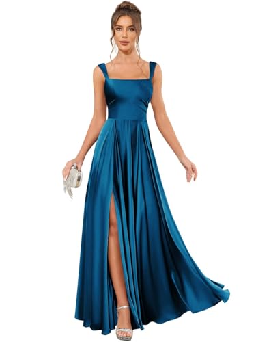 Square Neck Silk Satin Bridesmaid Dress with Slit A Line Pleated Long Formal Prom Dresses for Women