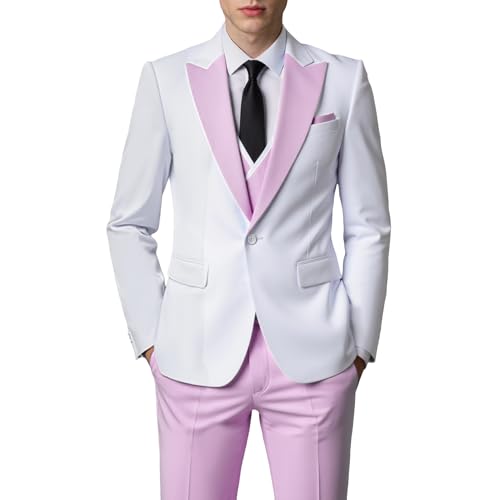 SevenBoy Men's Slim Fit 3 Pieces Suit - Formal Blazer Vest Pant Set - Peak Lapel Tuxedo for Business, Wedding, Prom