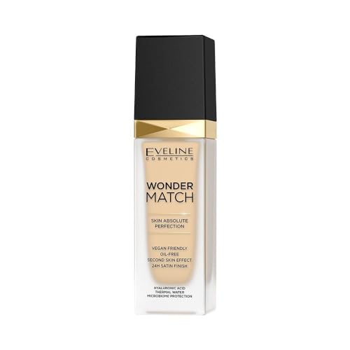 Eveline Cosmetics Wonder Match fondotinta adattivo, coprenza modulabile, finish satinato, formula oil-free con acido ialuronico, acqua termale ed estratto di açaĂ, 30 ml