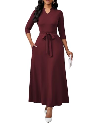 BubFee Robe longue semi-formelle à manches 3/4 pour femme, robe d'église décontractée avec poches, Bordeaux 6375, Taille 3XL