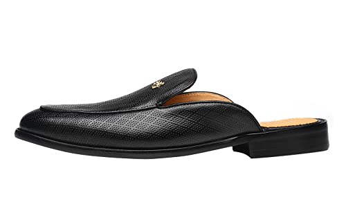 Image of ELANROMAN Men's Backless Loafers Black Genuine Leather Mules Slippers Slip on Shoes