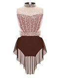 YiZYiF Leotardo de Gimnasia Rímitica para Niñas con Pedrerías Brillantes Maillot de Danza Moderna con Capa Gasa sin Espalda Disfraz de Bailarina 5-16 años Marrón 9-10 años