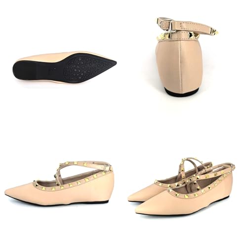 Women's Satin Rivet Cross Strap Flat Pumps Elegant Pointed Toe Heightened Non-Slip Slip-On Date Night Wedding Flats3