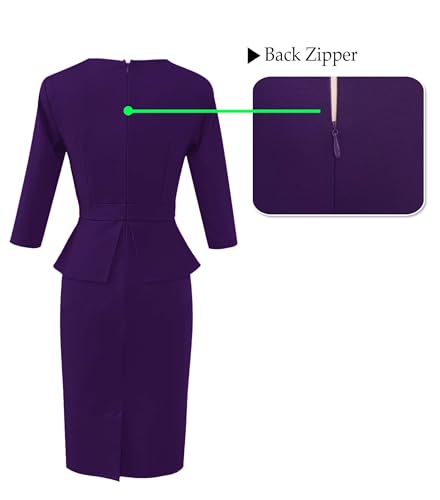 Image of VFSHOW Womens Pleated Crew Neck Peplum Slim Work Business Dress Elegant 3 /4 Sleeves Office Church Bodycon Pencil Sheath Dress