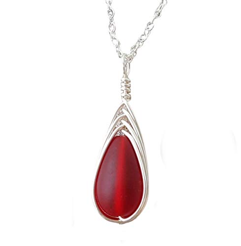 Handmade in Hawaii, wire braided Ruby Red sea glass necklace,