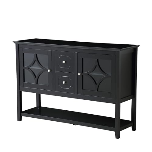 TUNGTAR Wooden TV Stand Storage Buffet Cabinet, Sideboard with Adjustable Shelves, Console Table for Dining Living Room Cupboard, Teal Blue TV Stand Console Table (52Inch Black Sideboard)