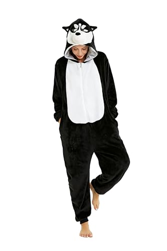 Ovender Cosplay Pijama Kigurumi Disfraz Animale Mono de una Pieza Carnaval Navidad Halloween Adultos Unisex Mujer Hombre Ropa Interior Espectáculo Invierno (L/XL, Perro Negro Blanco)