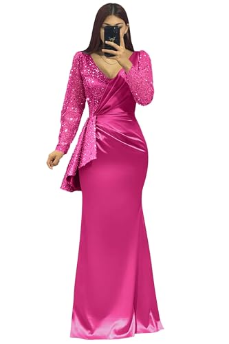 Satin Prom Dress for Women Sparkly Sequin Long Sleeves Mermaid V Neck Formal Evening Party Gowns