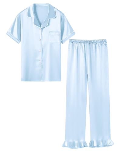 QZH.DUAO Ruffle Satin Pajamas for Girls Set 2 Piece Button Up Pj Sets Soft Pants Lounge Set Loungewear, Blue, 13-14 Years