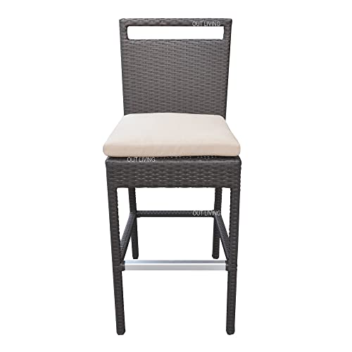 Image of OUTLIVING Rattan Wicker Outdoor Bar Patio Table with 4 Chairs Set for Home Graden Balcony 4 Seater Bar Patio Furniture - (Brown & Cream Cushion)