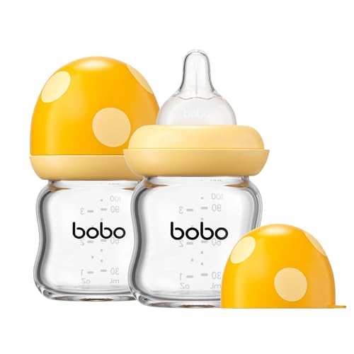 Image of YOHKOH Natural Glass Baby Bottle with Level 1 Slow Flow Nipple, Newborn Anti-Colic Baby Bottles, Wide Neck Mushroom Baby Glass Bottle (Yellow, 3.4oz (Pack of 2))