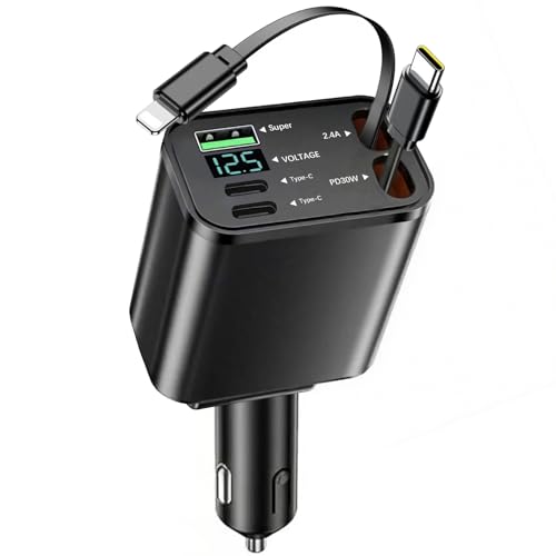 WEDAWIN Cargador de coche 5 en 1 USB C, adaptador de cargador de coche retráctil, cargador de coche de 75 W, compatible con Phone 16/15/14/13, G-alaxy S24/S23, Pad, Huawei, AirPods