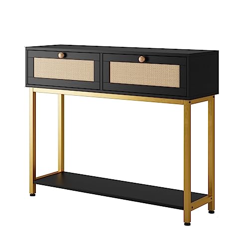 Fulvari Console Table, 2-Tier Rattan Sofa Table Wooden Entrance Table with 2 Drawers for Entryway, Living Room, Hallway-Black+Gold Fulvari Console Table, 2-Tier Rattan Sofa Table Wooden Entrance Table with 2 Drawers for Entryway, Living Room, Hallway-Black+Gold