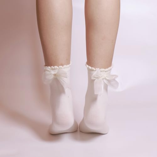 2PCS Women Ruffle Socks Knit Soft Frilly Crew Socks with Bow Anklet Socks Cute Casual Breathable Socks4