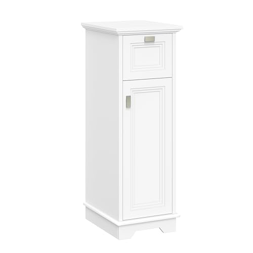 RiverRidge Geneva Slim Linen Cabinet with Inset Multi-Layered Raised Panel Drawer and Door, Adjustable Shelf, Soft-Close Hinges, Narrow Storage Cabinet for Bathroom and Small Spaces - White