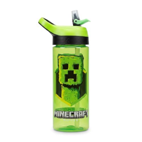 HOX Minecraft Creeper 600ml Water Bottle School Drinks Bottle + Removable straw Leak Proof Durable Plastic - Gift for Minecraft Gamer - Official Merchandise Black