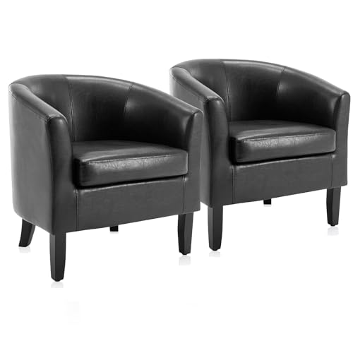 BELLEZE Accent Barrel Chair, Set of 2 Faux Leather Round Club Tub Sofa Corner Chair with Flared Legs and Cozy Soft Padding for Living Room Bedroom Wai