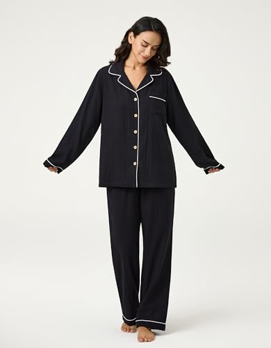 Image of BESTOUCH Womens Pajama Sets: 100% Cotton Muslin Linen Feel | Button Soft Comfy Breathable Classic Sleep Pjs 2 Piece
