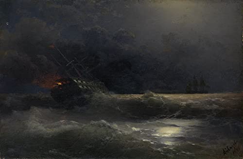 Affiche Toile Burning Ship Aivazovsky 60x90cm pour décoration murale