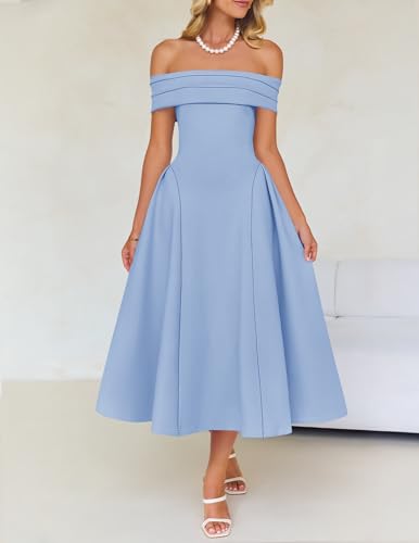 Image of ZESICA Summer 2026 Cocktail Dresses for Women's Off Shoulder Short Sleeve Swing A Line Wedding Evening Party Midi Dress