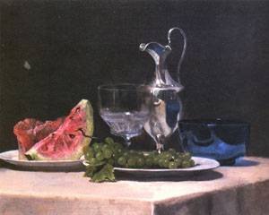 Peinture à l'huile John Lafarge nature morte aux fruits pour déco chaleureuse