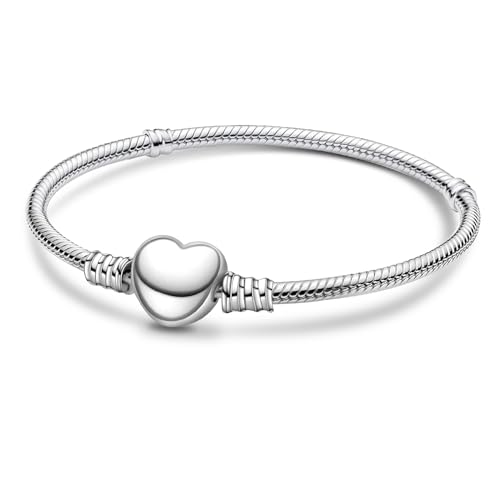 Pulsera para Mujer 925 Plata de Ley,Pulsera Charms,Pulsera Moments,Pulsera Plata Mujer,Pulseras de Plata Mujer,Pulseras Para Parejas,Pulsera Mujer con Interruptor en Forma de Corazón-17CM