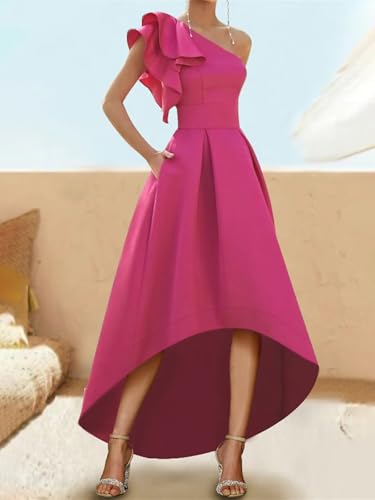 Modest Long Flowy Homecoming Dresses for Teens Fall High Low A Line One Shoulder Ruffle Satin Cocktail Dress3