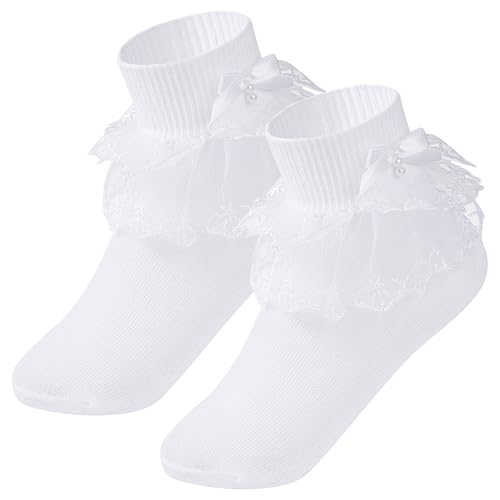 2 Pairs Girls Dress Socks White Toddler Girls Ruffle Socks with Cute Faux Pearl for Dress Daily Wear