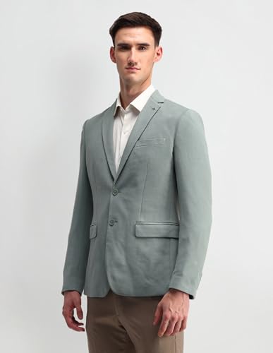 Image of Arrow Men's Green Self Design Notch Collar Long Sleeve Formal Polyester Slim Fit Blazer