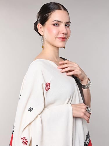 Image of Exotic India Pure Cotton Shawl from Tamil Nadu | Toda Embroidery South Indian Traditional Stole for Women's Casual Wear