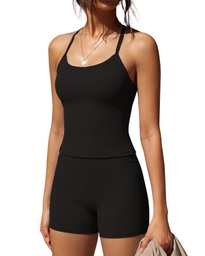 Image of SUUKSESS Women 2 Piece Workout Sets High Waisted Tummy Control Biker Shorts Halter Padded Tank Tops