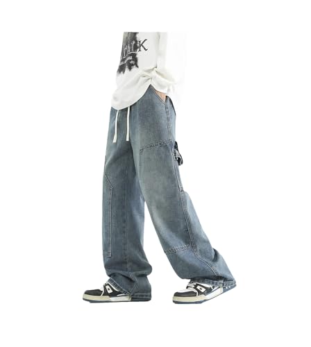 Men's Straight Cotton Wide-Leg Denim Trousers Washed Oversized Hip Hop Street Cargo Jeans Pants