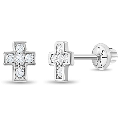 14k White Gold Clear Cubic Zirconia Little Cross Screw Back Earrings for Girls, Tiny Stud Religious Earrings for Toddlers Small Cross Screw Back Locking for Children