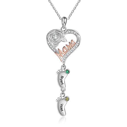 kaululu Personalized Feet Birthstone Necklace with 1-5 Names Custom Mama Pendant Mother's Day Jewelry Gifts for Women Mom Grandma (2 Names)