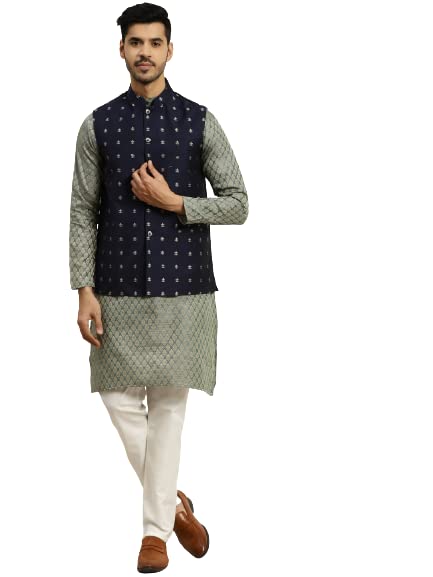 sojanya (Since 1958 Men's Silk Blend Teal Green Self Design Kurta & Silk Blend Nehrujacket with Off-White Churidar Pyjama-picture-37