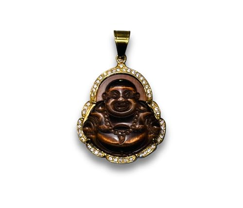 Laughing Buddha Big Brown Green Jade Iced Diamond Pendant Necklace14k Gold Miami Cuban link 6mm Chain Genuine Certified Grade A Jadeite Jade Hand Crafted, Natural Green Obsidian Healing Statue Prayer