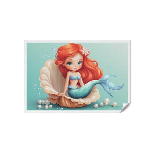AVPHDTBK Modern Oil Art Print on Stretched Canvas Cartoon mermaid with red hair and blue tail Aesthetic Room Decor for Bedroom Bathroom Oil Paintings