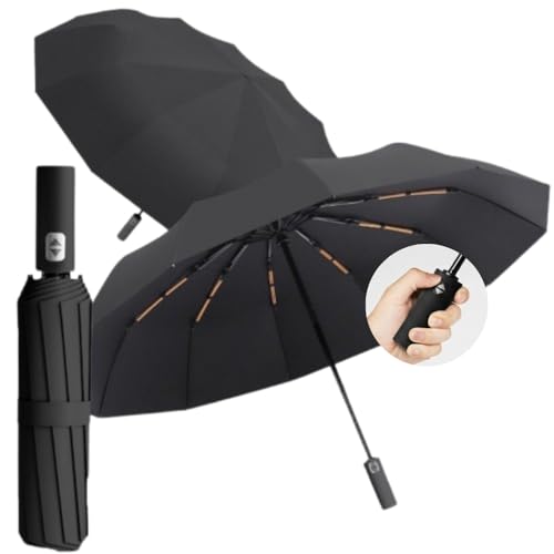 Guarda Chuva com Botão Automático Reforçado – Compacto, Resistente ao Vento, Proteção Solar UV, Blackout, Dobrável - Guarda Chuva Portátil para Bolsa/Mochila - Shop100 (Preto)