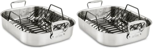 Image of All-Clad Specialty Stainless Steel Roaster and Nonstick Rack 16x13x5 Inch Oven Broiler Safe 600F Roaster Pan, Pots and Pans, Bakeware, Turkey, Silver (Pack of 2)