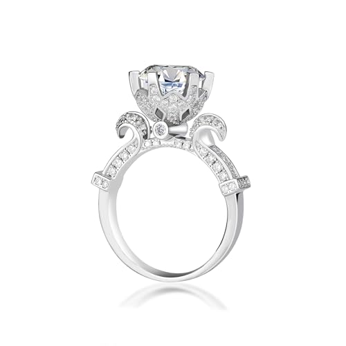 3 Carat Moissanite Engagement Ring for Women, Brilliant Cut Round Center Stone, Pave Side Stones, 925 Sterling Silver Plated 18K White Gold Bridal Wedding Band